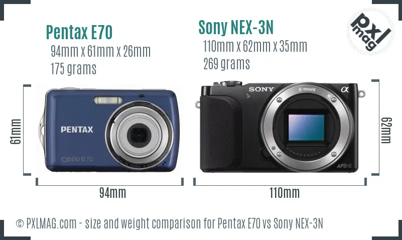 Pentax E70 vs Sony NEX-3N size comparison