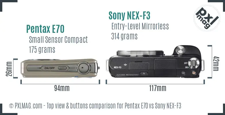 Pentax E70 vs Sony NEX-F3 top view buttons comparison