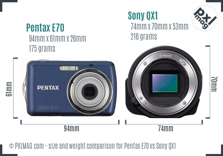 Pentax E70 vs Sony QX1 size comparison Pentax E70 vs Sony QX1 size comparison