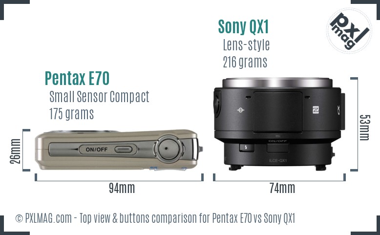 Pentax E70 vs Sony QX1 top view buttons comparison