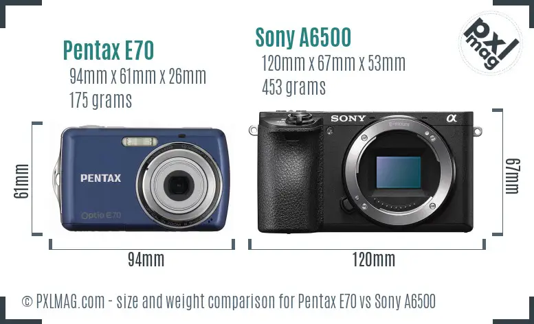 Pentax E70 vs Sony A6500 size comparison