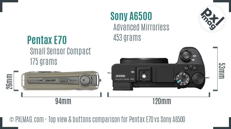 Pentax E70 vs Sony A6500 top view buttons comparison