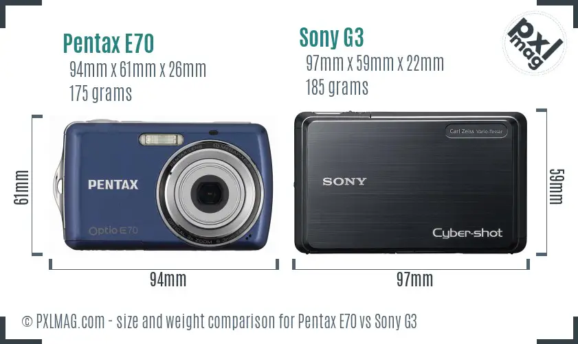 Pentax E70 vs Sony G3 size comparison