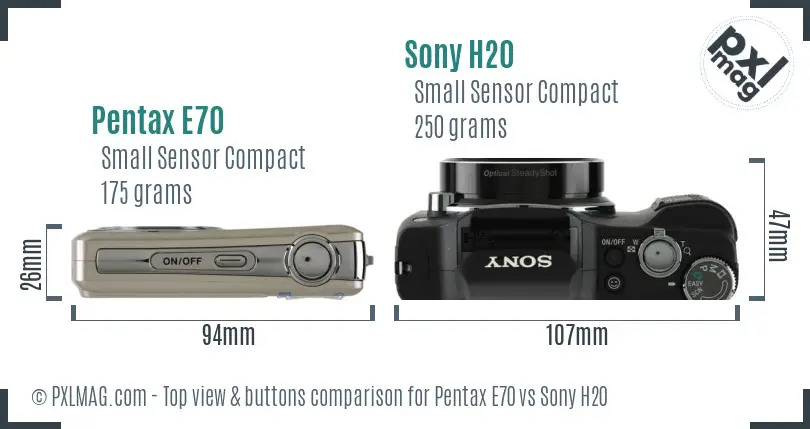 Pentax E70 vs Sony H20 top view buttons comparison Pentax E70 vs Sony H20 top view buttons comparison