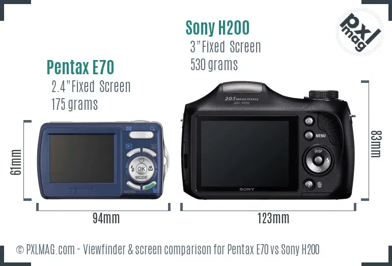 Pentax E70 vs Sony H200 Screen and Viewfinder comparison