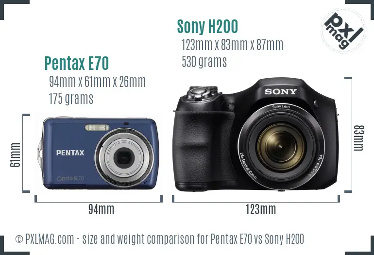 Pentax E70 vs Sony H200 size comparison