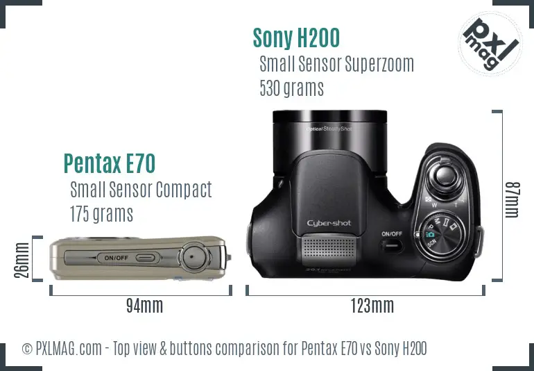 Pentax E70 vs Sony H200 top view buttons comparison