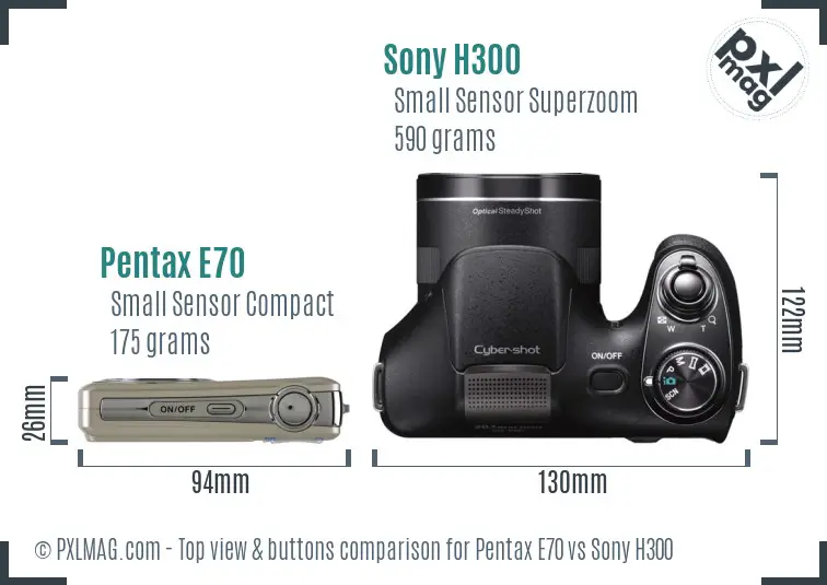 Pentax E70 vs Sony H300 top view buttons comparison Pentax E70 vs Sony H300 top view buttons comparison