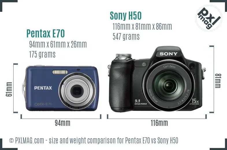 Pentax E70 vs Sony H50 size comparison Pentax E70 vs Sony H50 size comparison