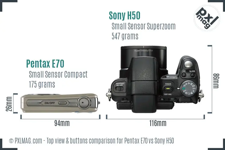 Pentax E70 vs Sony H50 top view buttons comparison Pentax E70 vs Sony H50 top view buttons comparison