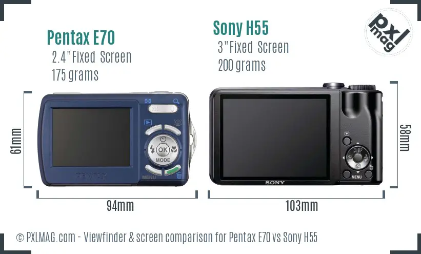 Pentax E70 vs Sony H55 Screen and Viewfinder comparison