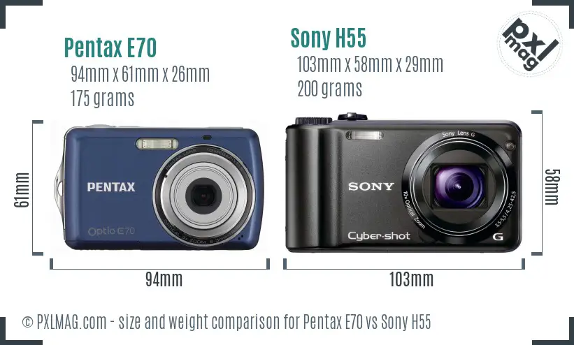 Pentax E70 vs Sony H55 size comparison