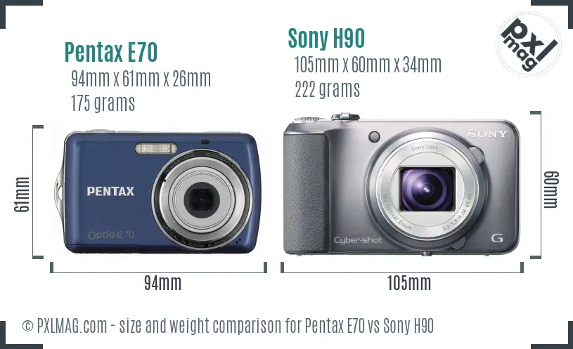 Pentax E70 vs Sony H90 size comparison Pentax E70 vs Sony H90 size comparison