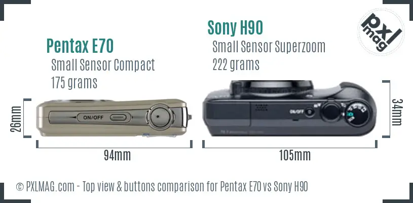 Pentax E70 vs Sony H90 top view buttons comparison Pentax E70 vs Sony H90 top view buttons comparison