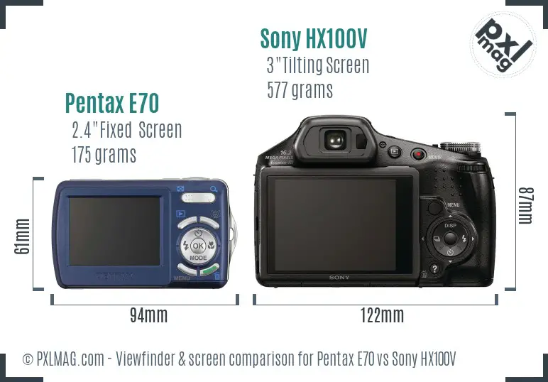 Pentax E70 vs Sony HX100V Screen and Viewfinder comparison