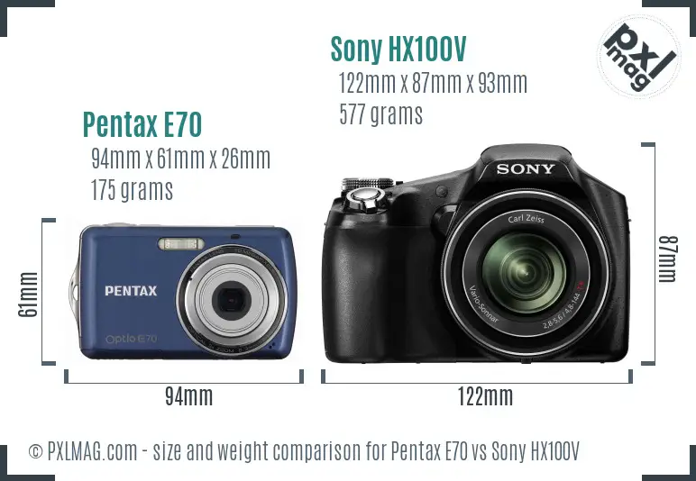 Pentax E70 vs Sony HX100V size comparison