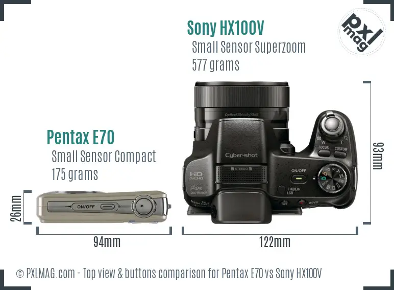 Pentax E70 vs Sony HX100V top view buttons comparison