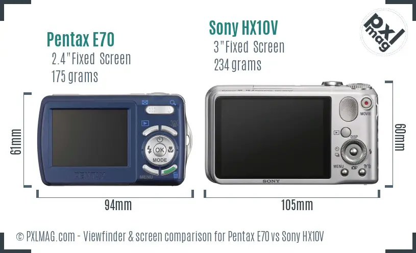 Pentax E70 vs Sony HX10V Screen and Viewfinder comparison