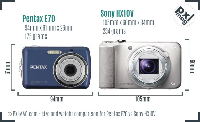 Pentax E70 vs Sony HX10V size comparison