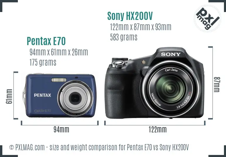 Pentax E70 vs Sony HX200V size comparison