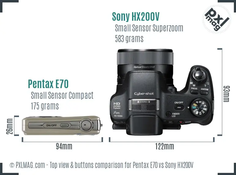 Pentax E70 vs Sony HX200V top view buttons comparison