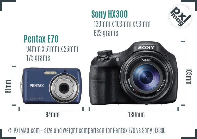 Pentax E70 vs Sony HX300 size comparison