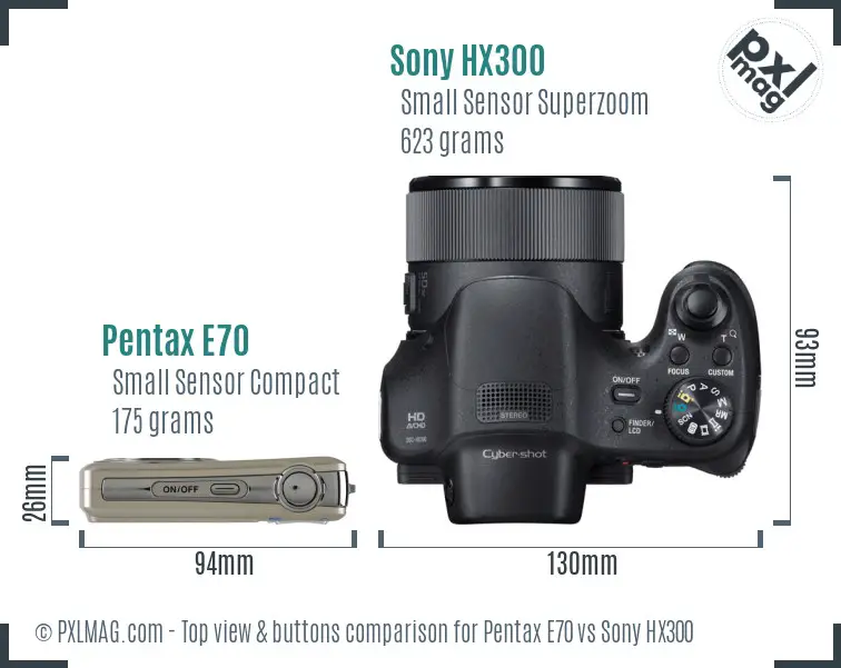 Pentax E70 vs Sony HX300 top view buttons comparison
