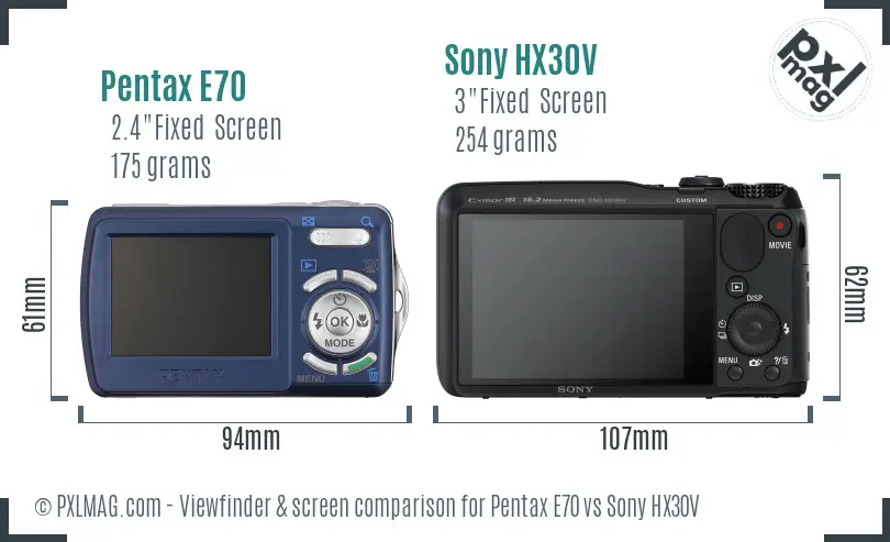 Pentax E70 vs Sony HX30V Screen and Viewfinder comparison