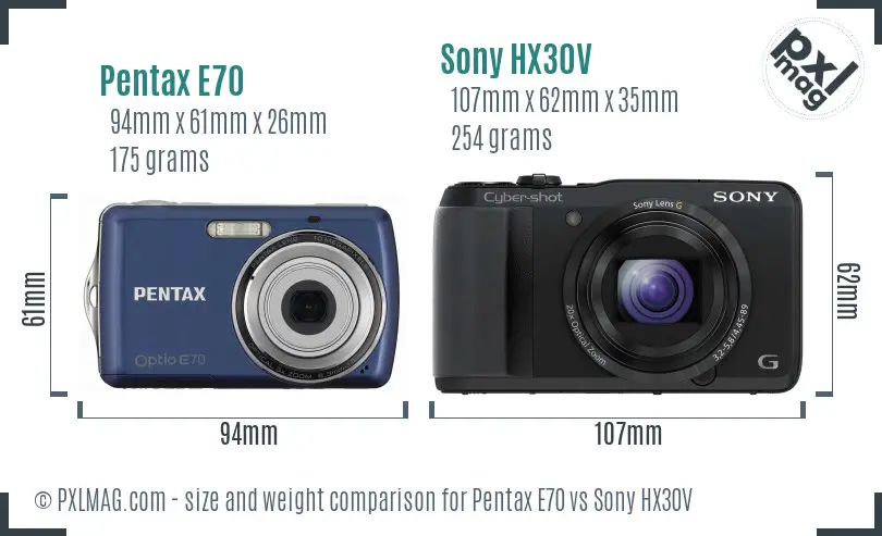 Pentax E70 vs Sony HX30V size comparison
