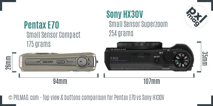 Pentax E70 vs Sony HX30V top view buttons comparison