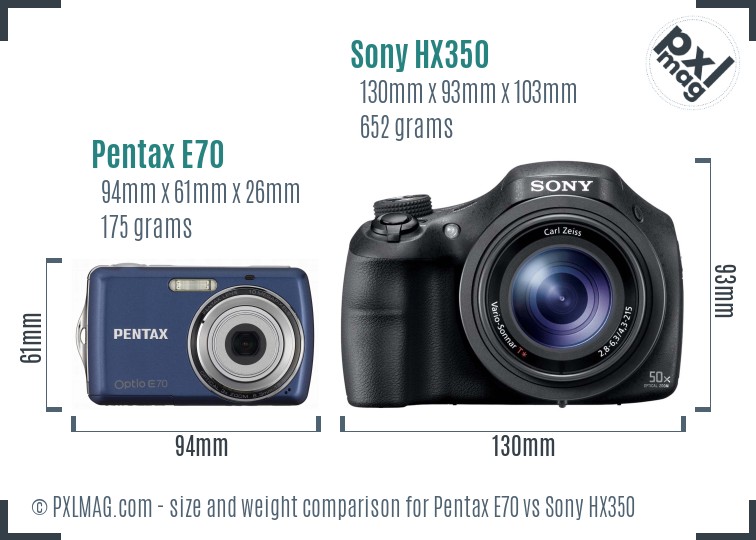Pentax E70 vs Sony HX350 size comparison