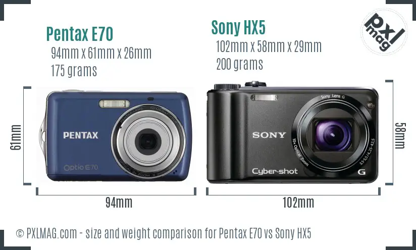 Pentax E70 vs Sony HX5 size comparison