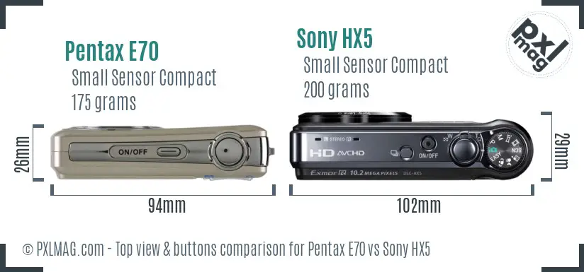 Pentax E70 vs Sony HX5 top view buttons comparison