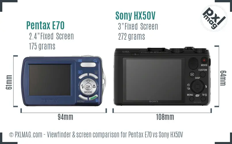 Pentax E70 vs Sony HX50V Screen and Viewfinder comparison