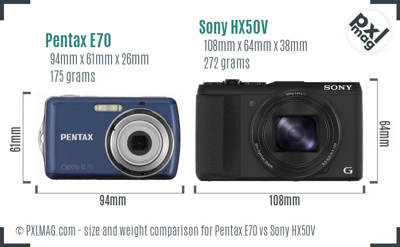 Pentax E70 vs Sony HX50V size comparison