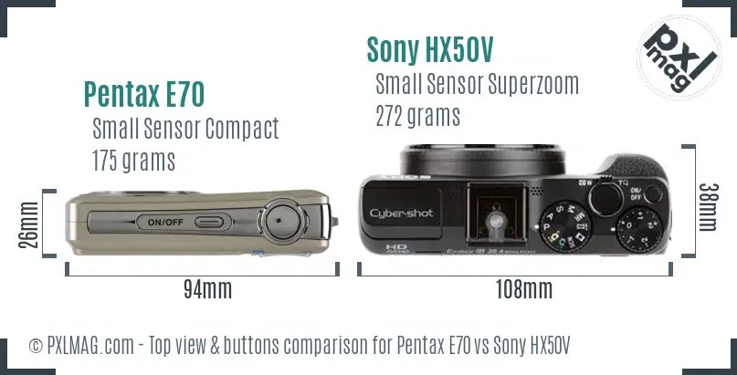 Pentax E70 vs Sony HX50V top view buttons comparison