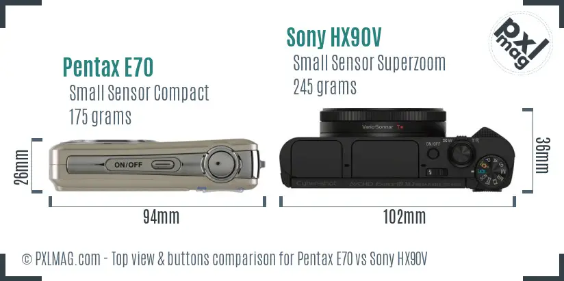 Pentax E70 vs Sony HX90V top view buttons comparison Pentax E70 vs Sony HX90V top view buttons comparison