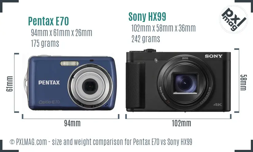 Pentax E70 vs Sony HX99 size comparison