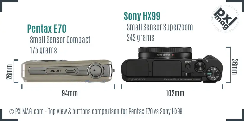 Pentax E70 vs Sony HX99 top view buttons comparison