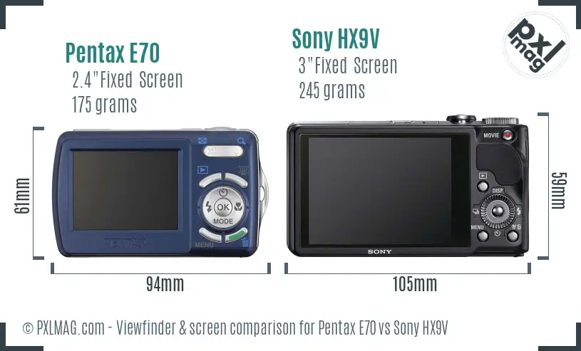 Pentax E70 vs Sony HX9V Screen and Viewfinder comparison