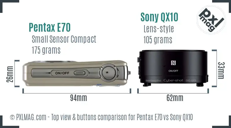 Pentax E70 vs Sony QX10 top view buttons comparison Pentax E70 vs Sony QX10 top view buttons comparison