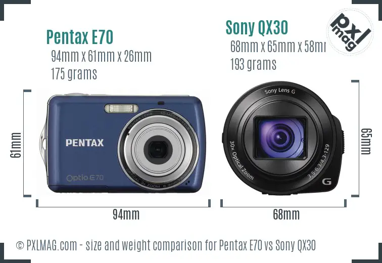 Pentax E70 vs Sony QX30 size comparison