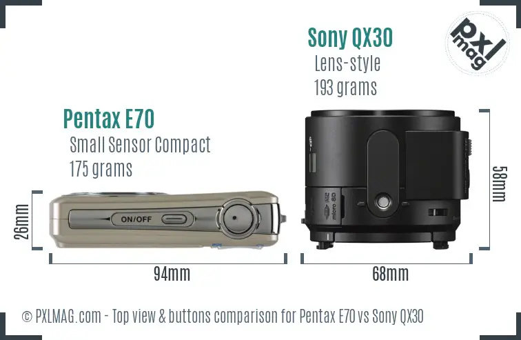 Pentax E70 vs Sony QX30 top view buttons comparison