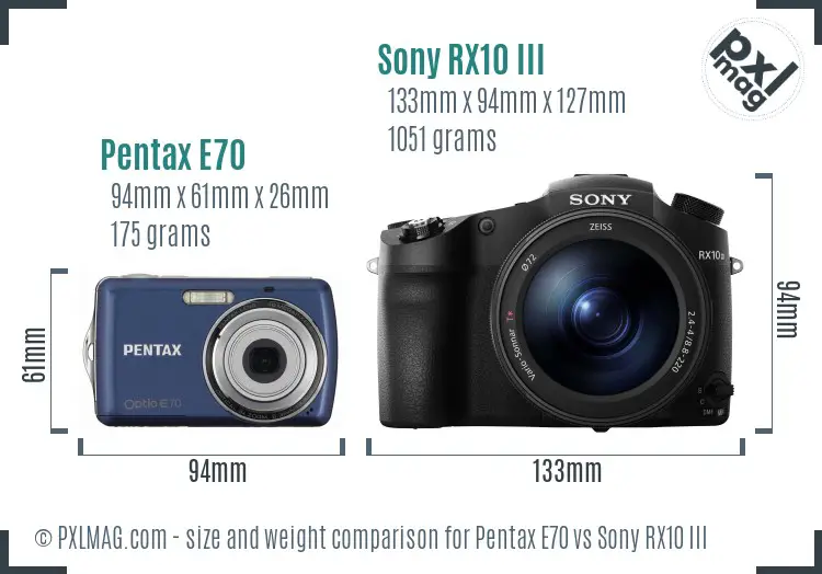 Pentax E70 vs Sony RX10 III size comparison