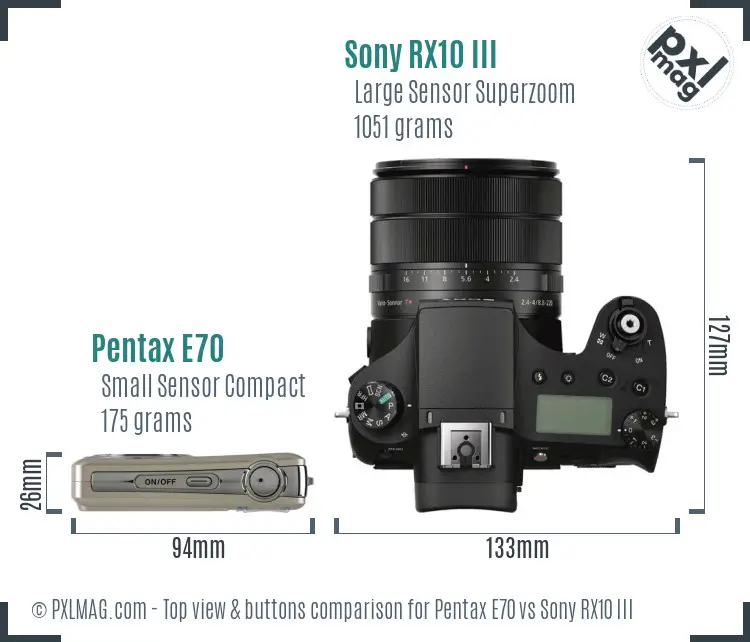 Pentax E70 vs Sony RX10 III top view buttons comparison