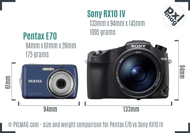 Pentax E70 vs Sony RX10 IV size comparison