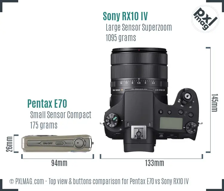 Pentax E70 vs Sony RX10 IV top view buttons comparison