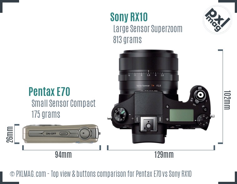 Pentax E70 vs Sony RX10 top view buttons comparison