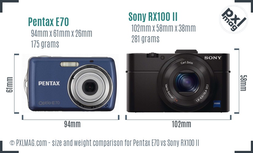 Pentax E70 vs Sony RX100 II size comparison