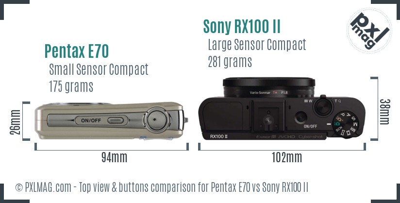 Pentax E70 vs Sony RX100 II top view buttons comparison